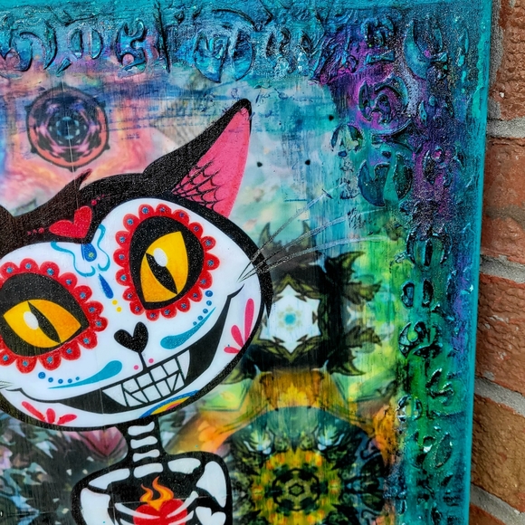 Sugar Skull Cat and Sparrow Day of Dead Painting Large 16x20 Canvas Handmade - Picture 5 of 10